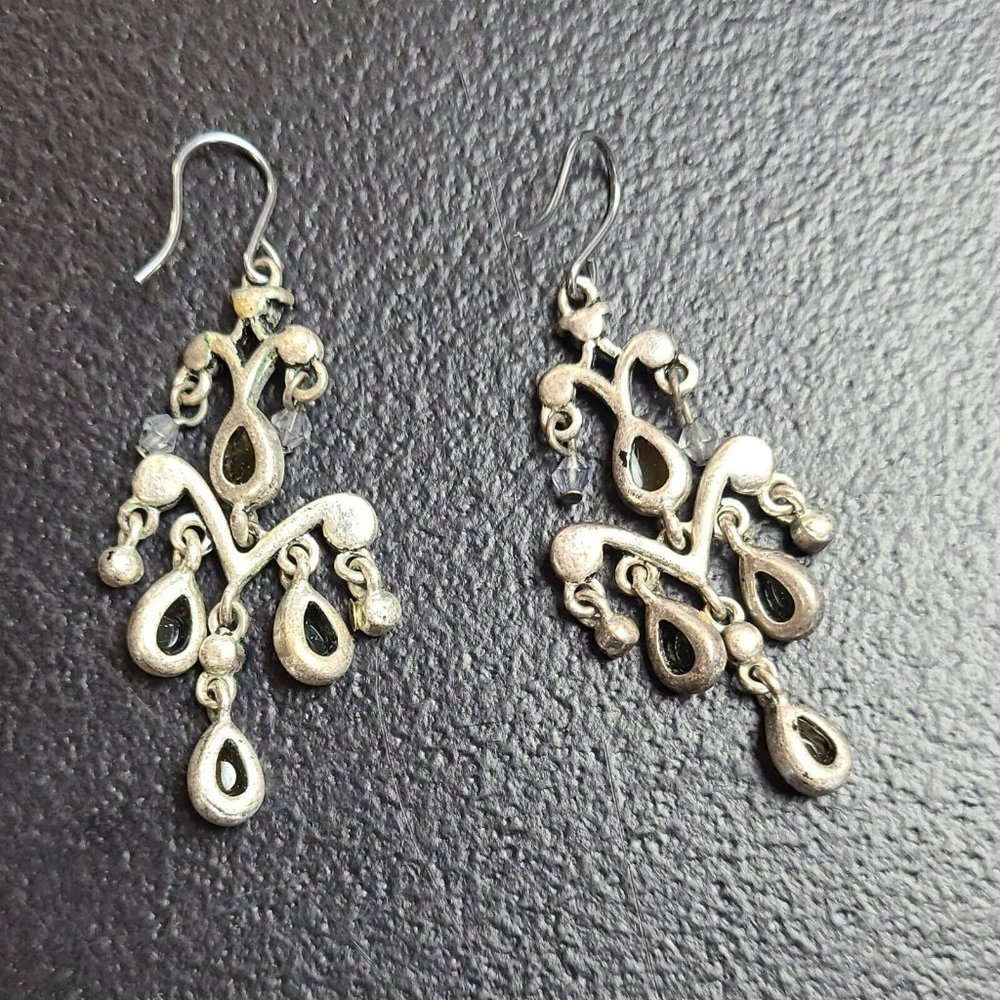 Retro Silvertone Long Blue Brown Drop Crystal Tassel Chandelier Hook Earrings 2" - Picture 7 of 7